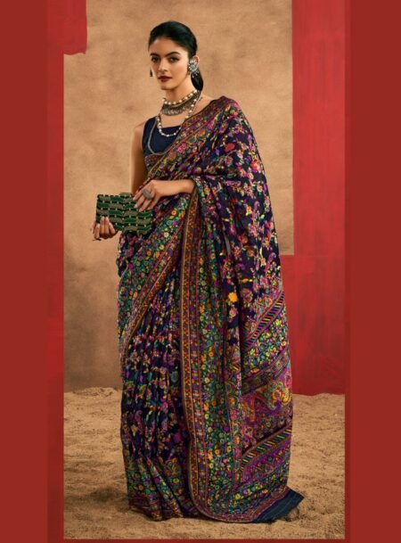 Dark Blue Kashmiri Pashmina Weaved Saree With Blouse Piece