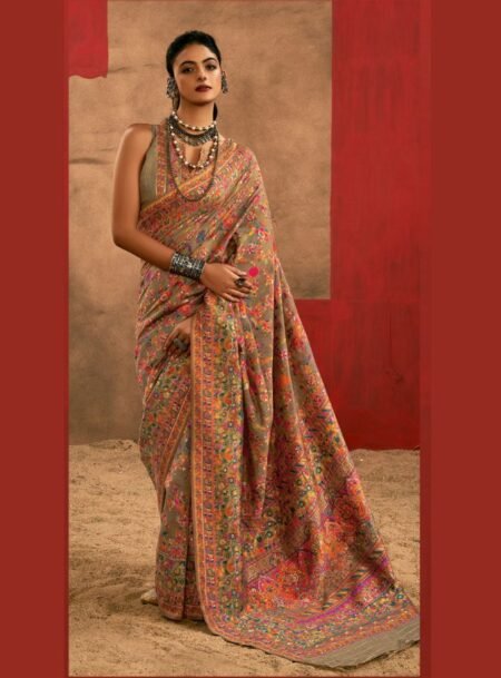 Olive Green Kashmiri Pashmina Weaved Saree With Blouse Piece