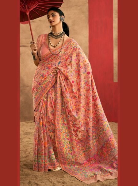 Peach Kashmiri Pashmina Weaved Saree With Blouse Piece