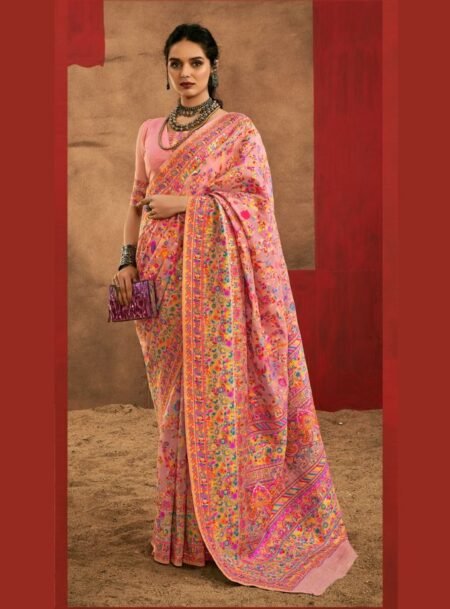 Coral Pink Kashmiri Pashmina Weaved Saree With Blouse Piece
