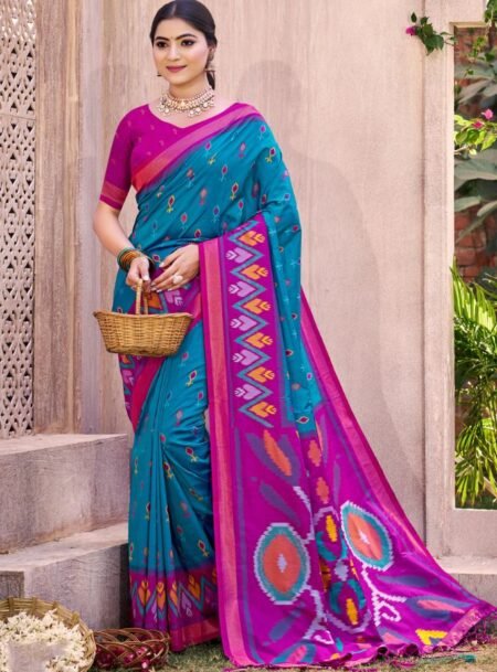 Blue Pochampalli Silk Saree With Blouse Piece