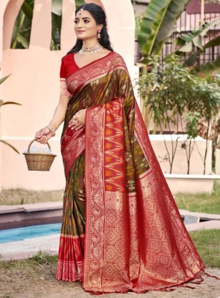 Mehandi Pochampalli Silk Saree With Blouse Piece