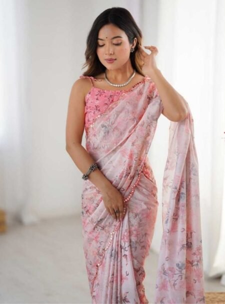 Pink Chinon Digital Printed Fancy Saree With Blouse Piece