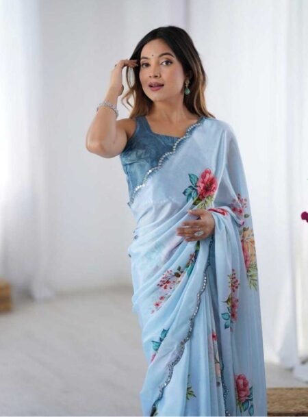 Sky Blue Chinon Digital Printed Fancy Saree With Blouse Piece