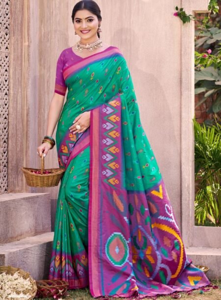Sea Green Pochampalli Silk Saree With Blouse Piece