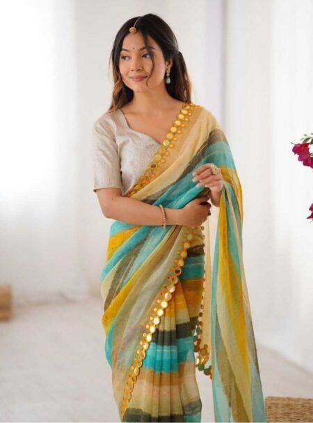 Yellow Chinon Striped Printed Saree With Blouse Piece