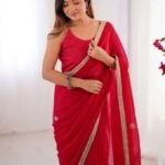 Red Designer Embroidered Sequins Work Fancy Saree With Blouse Piece