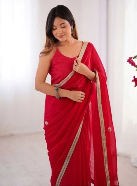 Red Designer Embroidered Sequins Work Fancy Saree With Blouse Piece