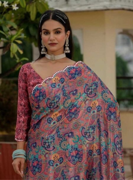 Multicolor Chinon Digital Printed Saree With Blouse Piece
