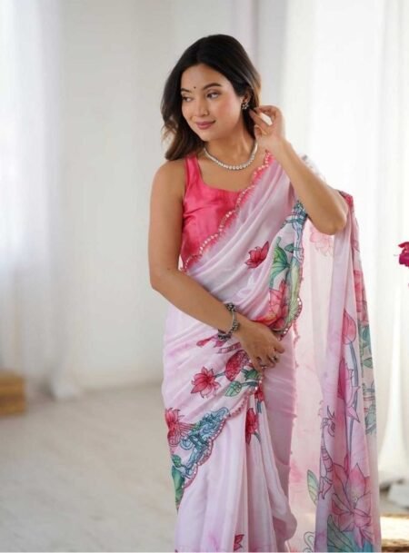 Baby Pink Chinon Digital Printed Designeer Saree With Blouse Piece