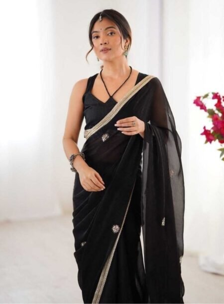 Black Designer Embroidered Sequins Work Fancy Saree With Blouse Piece