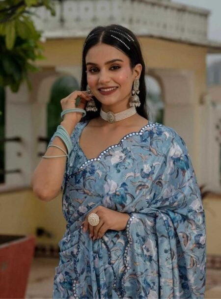 Sky Blue Chinon Digital Printed Saree With Blouse Piece