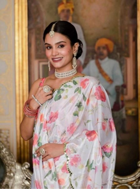 White Chinon Digital Printed Saree With Blouse Piece
