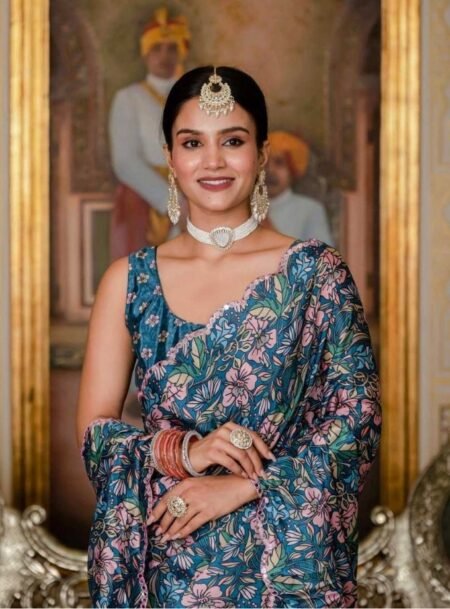 Morpankhi Chinon Digital Printed Saree With Blouse Piece