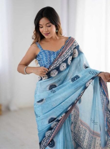 Light Blue Chinon Digital Printed Fancy Saree With Blouse Piece