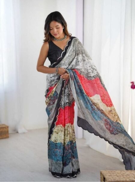 Multicolor Chinon Digital Printed Fancy Saree With Blouse Piece