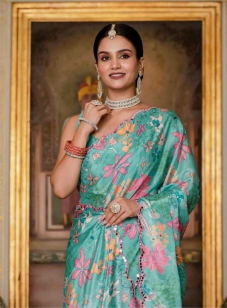 Sea Green Chinon Digital Printed Saree With Blouse Piece