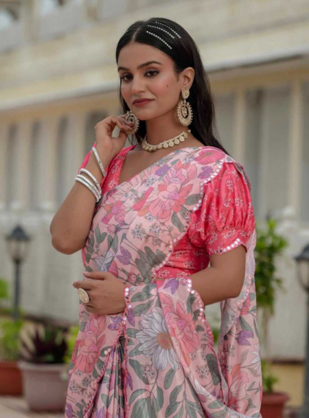 Multicolor Chinon Digital Printed Saree With Blouse Piece