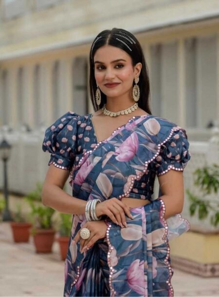 Navy Blue Chinon Digital Printed Saree With Blouse Piece