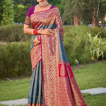 Blue Banarasi Silk Saree With Blouse Piece