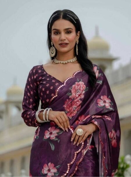 Wine Chinon Digital Printed Saree With Blouse Piece