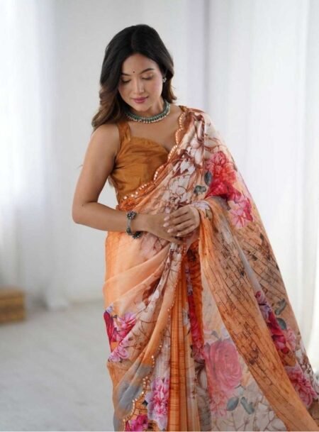 Multicolor Chinon Digital Printed Fancy Saree With Blouse Piece
