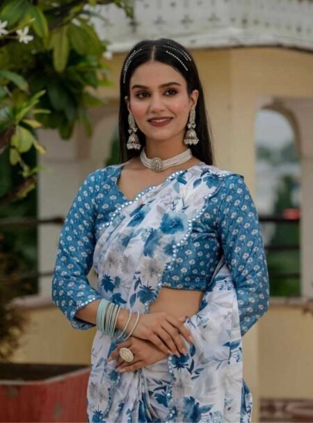 White And Blue Chinon Digital Printed Saree With Blouse Piece
