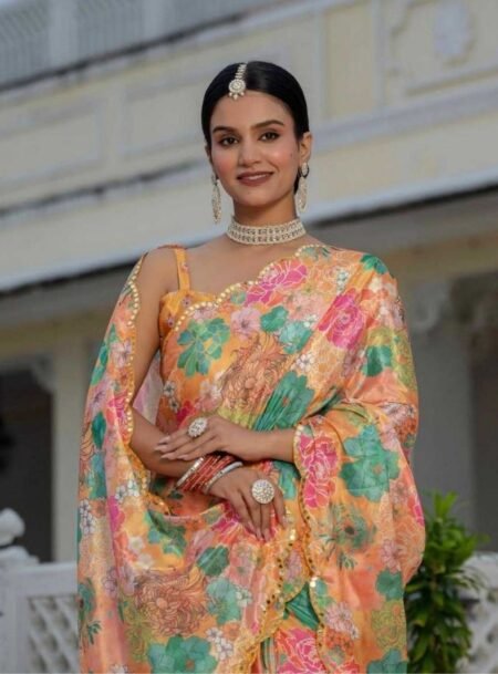 Orange Chinon Digital Printed Saree With Blouse Piece