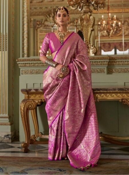 Magenta Pink Tissue Dharmavaram Silk Saree With Blouse Piece