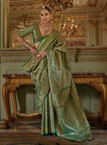 Sage Green Tissue Dharmavaram Silk Saree With Blouse Piece