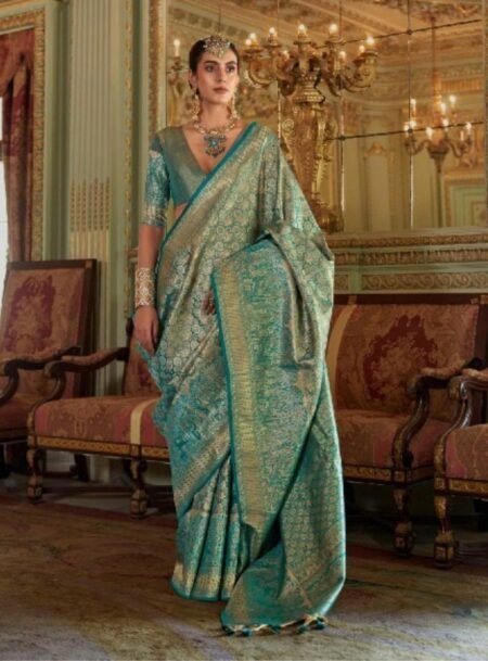 Teal Green Tissue Dharmavaram Silk Saree With Blouse Piece