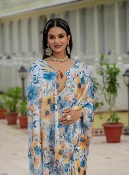 Multicolor Chinon Digital Printed Saree With Blouse Piece