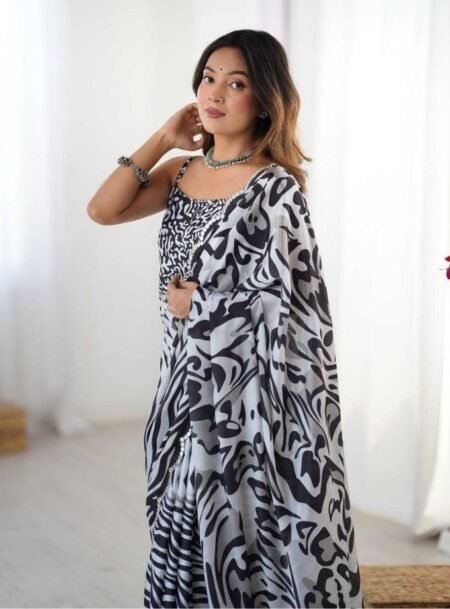 Black And White Chinon Digital Printed Fancy Saree With Blouse Piece