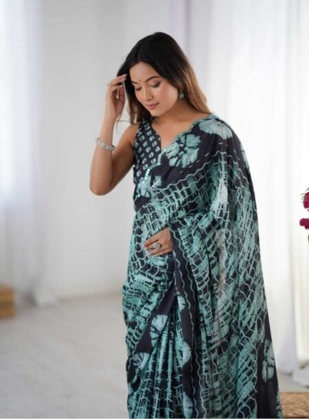 Green Chinon Digital Printed Fancy Saree With Blouse Piece