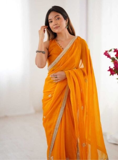 Yellow Designer Embroidered Sequins Work Fancy Saree With Blouse Piece