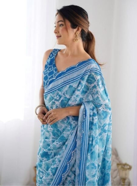 Blue Chinon Digital Printed Fancy Saree With Blouse Piece