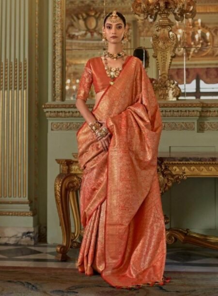 Orange Tissue Dharmavaram Silk Saree With Blouse Piece