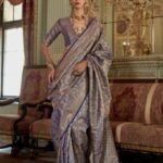 Greyish Silver Tissue Dharmavaram Silk Saree With Blouse Piece