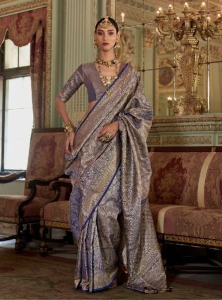 Greyish Silver Tissue Dharmavaram Silk Saree With Blouse Piece