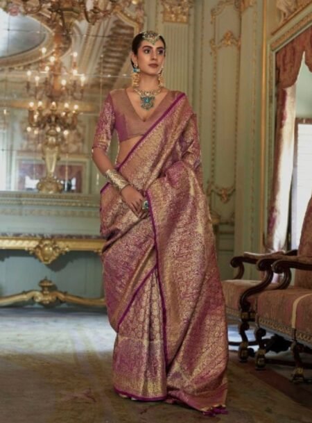 Rose Pink Tissue Dharmavaram Silk Saree With Blouse Piece