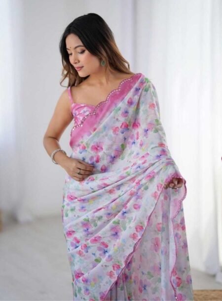 Multicolor Chinon Digital Printed Fancy Saree With Blouse Piece