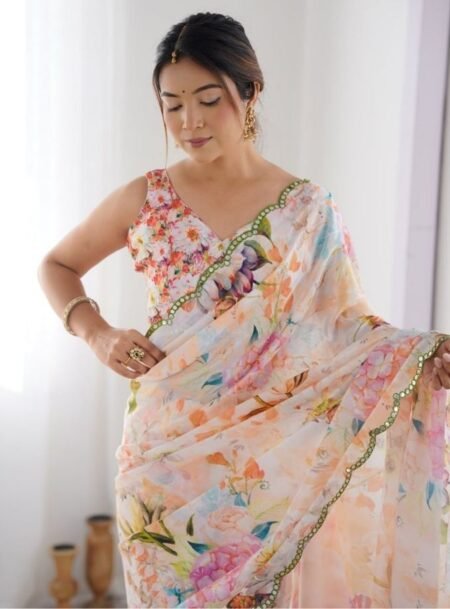 Multicolor Chinon Digital Printed Fancy Saree With Blouse Piece