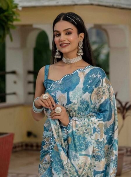 Teal Blue Chinon Digital Printed Saree With Blouse Piece