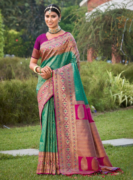 Rama Green Banarasi Silk Saree With Blouse Piece