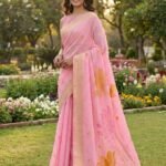 Pink Linen Cotton Saree With Blouse Piece