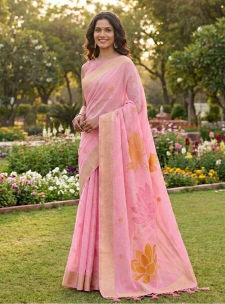 Pink Linen Cotton Saree With Blouse Piece