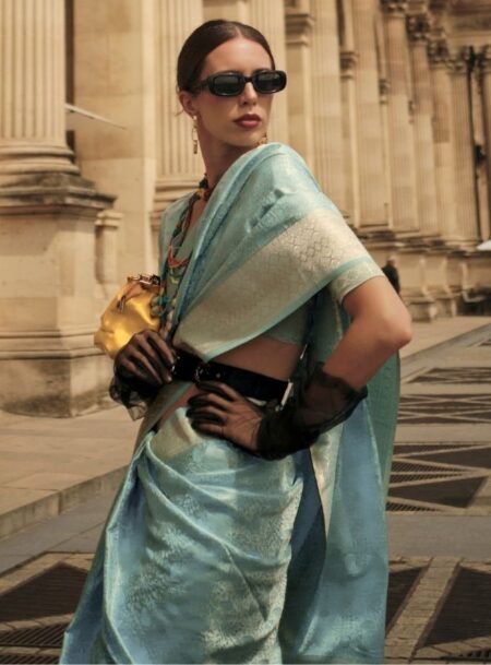 Sea Green Pure Satine Handloom Weaving Silk Saree With Blouse Piece