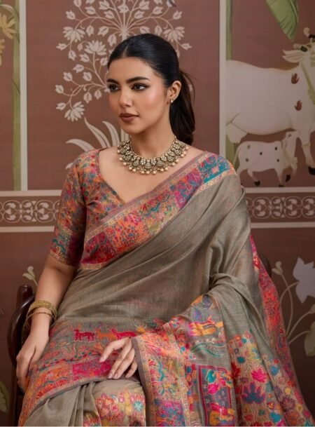 Grey Modal Cotton Pashmina Weaving Saree With Blouse Piece