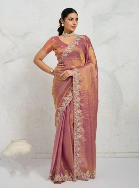 Dusty Chiffon Velvet Broad C Pallu Embroidered Saree ( Dual Tone Zari Overly Sequance Threads )