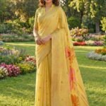 Yellow Linen Cotton Saree With Blouse Piece